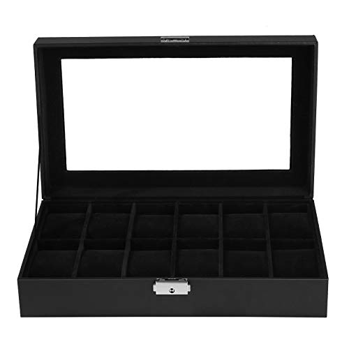 Preisvergleich Produktbild SONGMICS Uhrenkasten mit Glasdeckel, Uhrenkoffer mit herausnehmbaren Uhrenkissen, Uhrenbox mit 12 Fächern, Samt-Innenfutter, Metallverschluss, PU, schwarz, JWB12BV1
