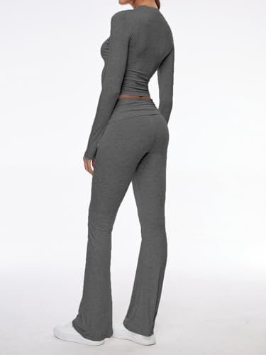 Image of AnotherChill Women's Long Sleeve Top Foldover Flare Pants Lounge Set | 2 piece cropped shirt and slim flare trousers comfy loungewear, soft modal casual matching sets, travel airport outfits