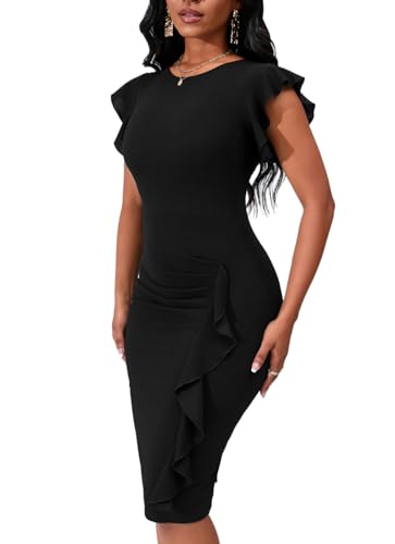 Women's 2025 Flutter Sleeve Bodycon Midi Dress Sexy Crew Neck Knit Ruffle Wear to Work Cocktail Party Pencil Dresses3