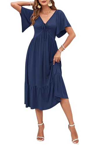 AUSELILY Women's 2025 New Summer Empire Waist Dress Drawstring Pleating Flutter Short Sleeve V Neck Midi Dresses2
