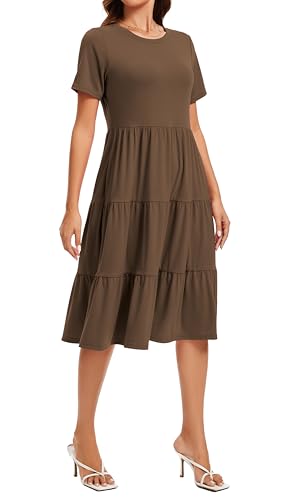 Image of Womens Summer Short Sleeve Crew Neck Midi Dress 2026 Casual Fit Flowy Tiered Beach Vacation Sundress with Pockets