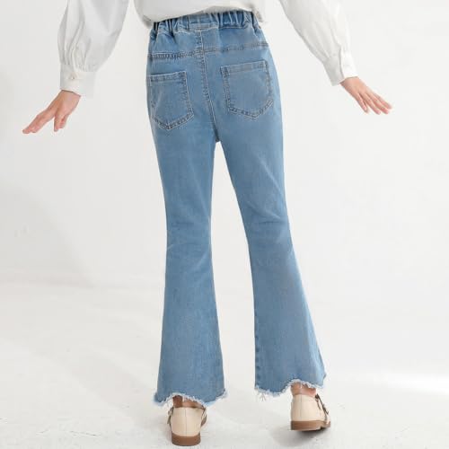 Girls Flare Jeans Split Hem Bell Bottom Pearl Denim Pants Elastic Waist Jean Streewear Trouser for Kids 5-16 Years3
