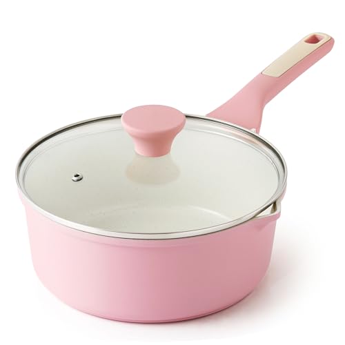 Image of SENSARTE Ceramic Nonstick Saucepan with Double Pouring Spout 3.0 Quarts, Cooking Pot with Stay Cool Handle, Induction Compatible, Ceramic Coating, Free of Intentionally Added PFOA /PFAS, Pink