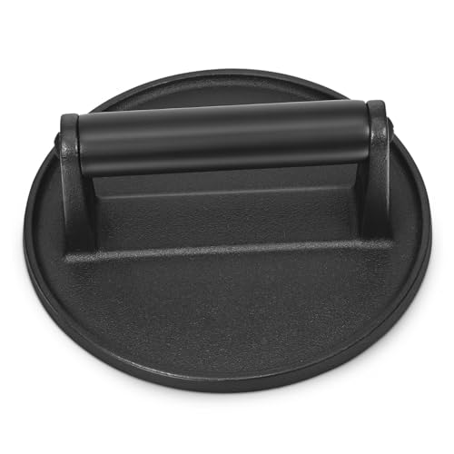 FUNOMOCYA Cast Iron Burger Press Heavy Duty Meat Smasher with Heat Resistant Handle for Griddle Round Burger Weight for Even Cooking for Pressing Meat Dough and More