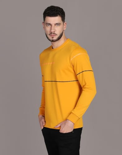 Image of INKKR Striped Men's Round Neck Mustard Full Sleeve T-Shirt