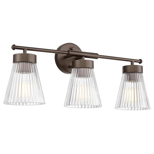 Image of Bathroom Vanity Light Fixture, HWH 3-Light Farmhouse Vanity Lights Over Mirror Bathroom Lighting Fixtures with Clear Striped Glass Shade, Oil-Rubbed Bronze Finish, 5HZG97B-3W ORB