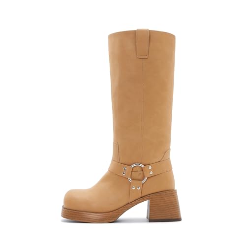 Women's Camel Suede Boots for Women Chunky Heel Square Toe Biker Boot with Buckle Strap Fashion Mid Calf Riding Boot2
