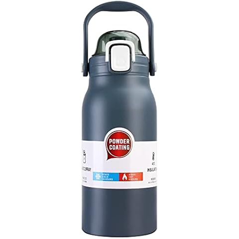 Outdoor Sport Water Bottle with Handle and Straw, Reuseable and Durable Metal Vacuum Insulated Flask Stainless Steel Thermos Mug, BPA free Leak Proof 1300ml,44oz Pot for Hiking Camping Fitness(Blue) Cover