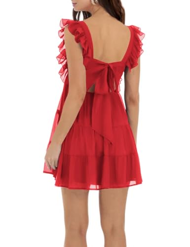 Image of Women's Summer Square Neck Tie Back Ruffle Sleeve Tiered Casual A-Line Short Mini Dress