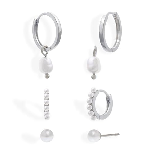 Sonateomber Pearl Hoop Earrings Set for Women, 3 Pairs Dainty 14k Gold Plated Rhinestone Small Huggie Stud Earing Prom Everyday Fashion Jewelry Gift