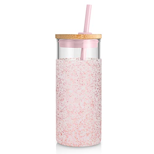 Image of Tronco 20oz Glass Tumbler Glass Water Bottle Straw Silicone Protective Sleeve Bamboo Lid - BPA Free (Dot Pick)