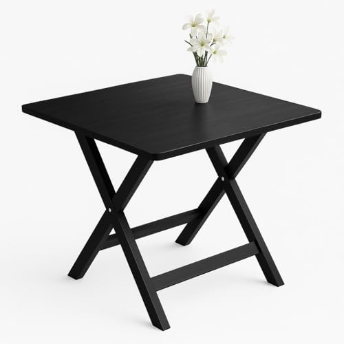Image of Multi-Purpose Portable & Foldable Wooden Dining Table Desk for Living Room ,Made with Engineered Plywood & Powder Coated Finish for Home & Office Pre-Assembled Black(L*80,B*80,H*75)cm.