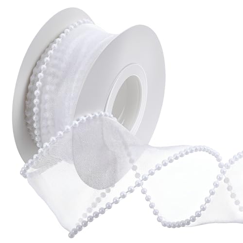 Nogeqi 1.5 Inch Faux Pearl Ribbon Smooth White Ribbon with Pearl Edges Wire 4.5m Sheer Mesh Ribbons for Gift Wrapping Christmas Bows Bouquet Decor Crafts Wedding Bridal Decorations