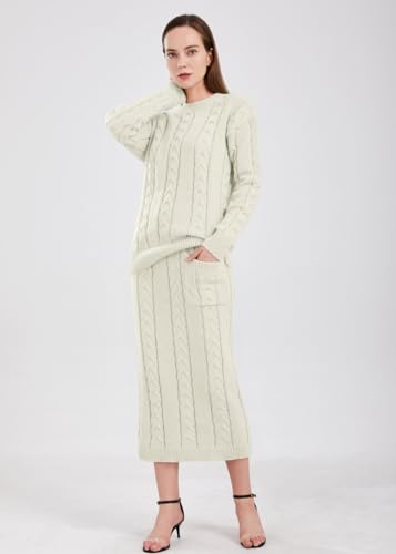 Image of chouyatou Women Winter Casual Chunky Cable Knit Long Pencil Skirt 2 Piece Outfit Oversized Pullover Sweater Sets