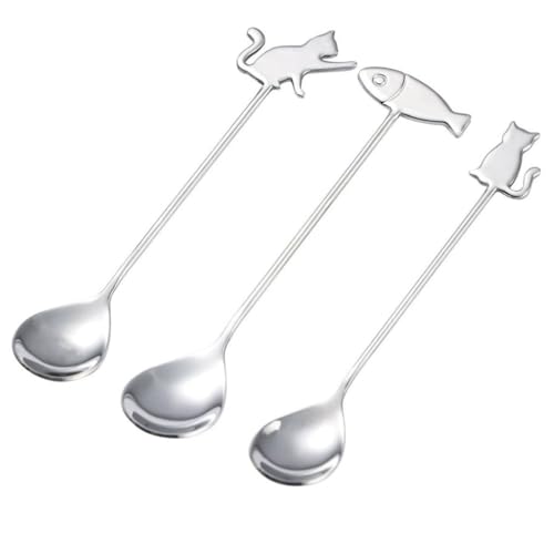 SITEDAN コーヒースプーン ティースプーン デザートスプーン 3本組 ステンレス スプーンセット 猫 喫茶店 デザート アイス ケーキ 食洗機対応 おしゃれ 家庭用 (シルバー)