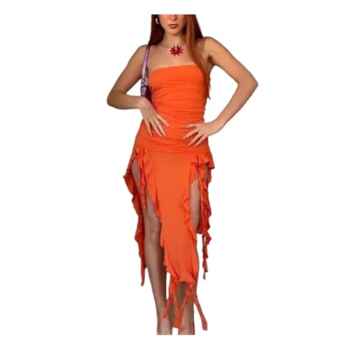 Women Summer Straight Shoulder Lace Stylish Design Dress Orange S