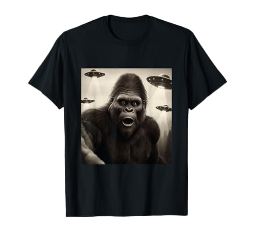 Gli UFO di Bigfoot Selfie Sorpresi Visitano Vintage Photo Conspiracy Maglietta