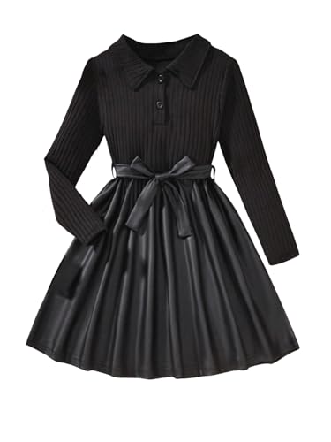 SHENHE Girl's Ribbed Long Sleeve PU Leather Patchwork Belted A Line Flowy Skater Dress