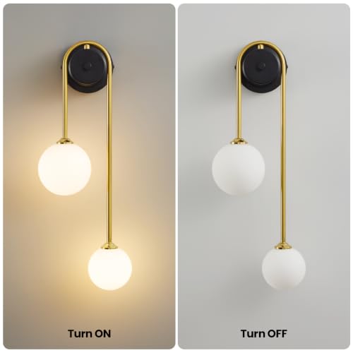 Image of Globe Wall Sconce, Double Hanging Ball Sconce, Modern Indoor Sconces | Gold Double Globe wall Sconce with Milk Glass Shades, Hardwired Indoor ball Sconce for Bedroom Bathroom Living Room Hallway