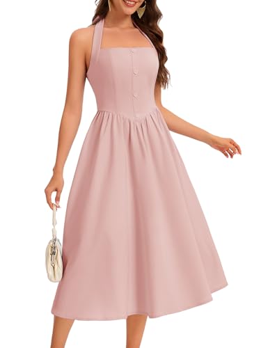 Dressystar Summer Halter Beach Casual Wedding Guest Midi Dress Blush M | Sleeveless,Backless,High Waist,Halter Neck A Line Swing Flowy Dress,Beach,Wedding,Garden Party,Vacation,Long Dresses