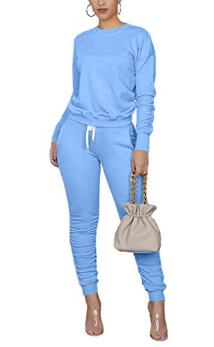 Two Piece Outfits for Women Jogging Suits Pullover Hoodie + Bodycon Long Pants Tracksuit Set Sweatsuits Jumpsuits Medium Light Blue
