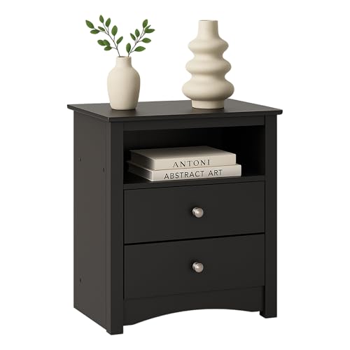 Prepac Sonoma 2 Drawer Nightstand: Elegant Bedroom Furniture, Bedside Table with Open Shelf, 23.25"W x 16"D x 28"H, Black
