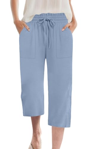 MLXSJ Womens Capri Pants Summer Wide Leg High Waisted Pants Drawstring Casual Trousers with Pockets (Denim Blue L)