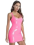 Alvivi Damen Minikleid Wetlook V-Ausschnitt Rückenfreies A-Linie Partykleid Leder-Optik Bodycon Kleid GOGO Clubwear C Rosa C M