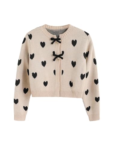 Floerns Girl's Heart Bow Button Cardigan Crew Neck Long Sleeve Knit Crop Sweater