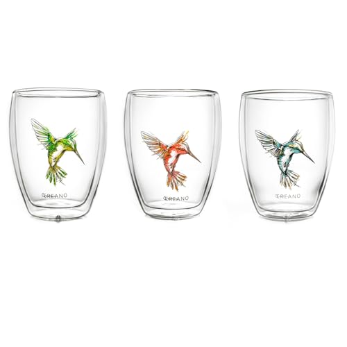 Creano doppelwandige Tee-Gläser, Cappuccino-Glas, Thermoglas Hummi im Kolibri Design, 3er Set, 250 ml in exklusiver Geschenkbox, blau/rot/grün
