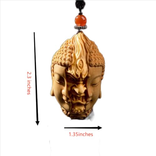 Handcarved Dual-Face Buddha Demon Wooden Pendant Necklace, 2.3 x 1.35 inches (01)2