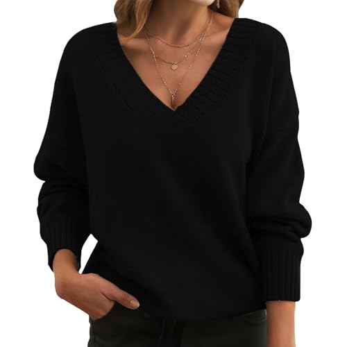 V Neck Long Sleeve Sweater for Women Autumn Baggy Solid Color Pullover Oversized Chunky Knit Pullover Sweater