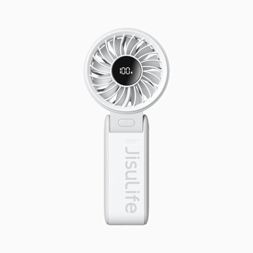 Image of JISULIFE Handheld Fan Life7,2024 Powerful Portable Fan with LED Display[19.5Hrs Max Cooling] 5000mAh,5 Speeds,Lanyard;3-in-1 Hand /Desk /Neck Fan,Travel Essentials Gifts for Women,Men(Light Grey)
