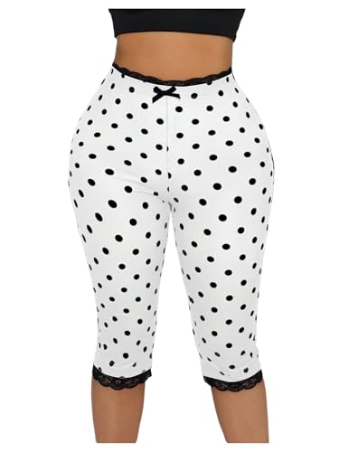 WDIRARA Womens Polka Dots Capris Pants Lace Trim Elastic High Waisted Skinny Yoga Leggings White XX-Small
