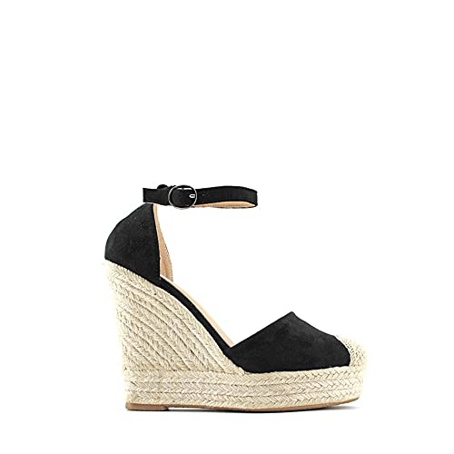 MODELISA - Sandalia Alpargata Con Cuña Plataforma Hebilla Al Tobillo Para Mujer (Negro/3, numeric_40)
