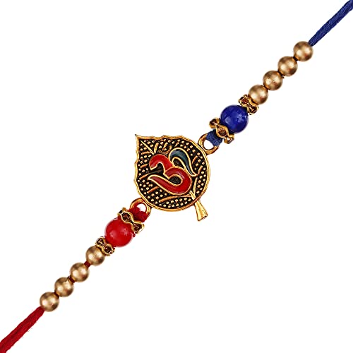 Image of eCraftIndia Red & Blue Om Symbol On A Leaf Designer Rakhi, Best Bro Ever Fridge Magnet with Roli Chawal Pack - Rakhi for Brother, Bhaiya, Bhai