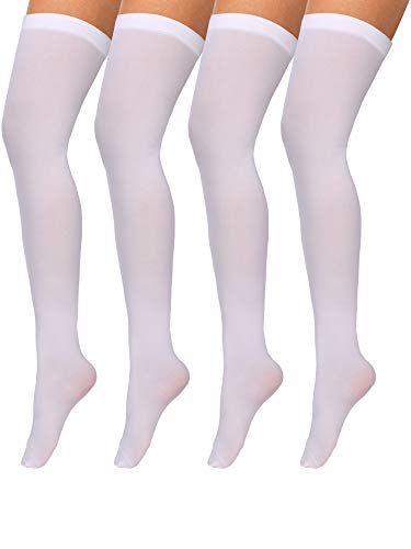 Boao 4 Paare Damen Seiden Oberschenkel Hohe Strümpfe Nylon Socken für Damen Halloween Cosplay Kostüm Party Zubehör (Weiß, F Größe)