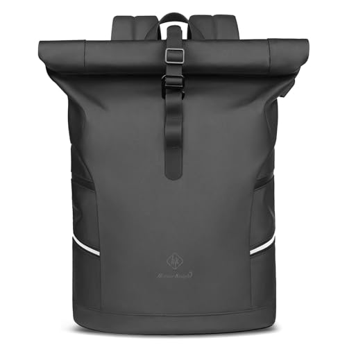 HEROIC KNIGHT Rolltop Rucksack Wasserfest Schulrucksack mit Reflektoren Laptop Backpack Herren Damen 15,6 zoll Reiserucksack mit USB-Anschluss Handgepäck Rucksack für Arbeit Fahrrad Uni Reise Schwarz