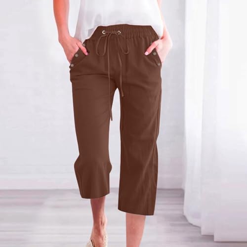 Womens Capri Linen Pants Summer 2025 Casual Drawstring High Waisted Straight Wide Leg Travel Dressy Cropped Trousers2