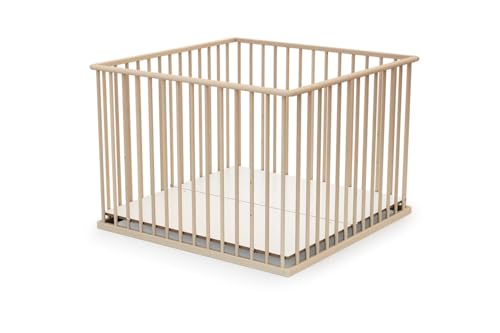 Webaby - Laufstall Baby Holz 100x100 Buche Natur |Laufgitter XXL mit Boden...