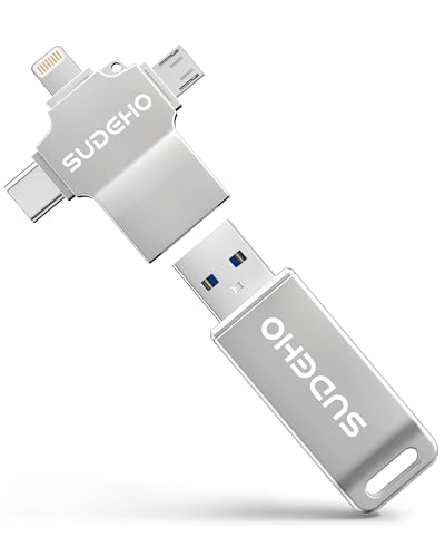 SUDEHO Cle USB iPhone 128 Go MFi Certifiée, 4 en 1 Clé USB C pour iPhone/Pad/Mac/Android/PC, Clef 3.0 Grande Vitesse Flash Drive Mémoire Externe Stick pour Stockage Photos/Vidéos/Musique(Argent)