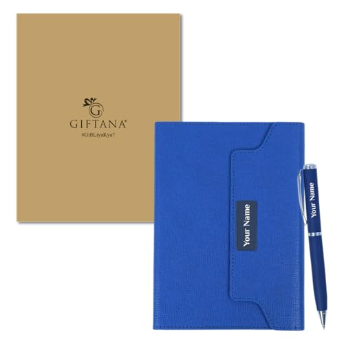 Image of Giftana Personalized Diary with Pen Gift Set for Men and Women, 2 in 1 Customized Leather Texture Folding Diaries Set for Husband, Father, Diwali Gifts, Personalised New Year Gifts for Employee- Blue