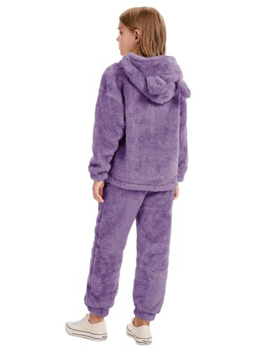 Flygo Girls Fuzzy Pants Set Crop Hoodie Bear Ear Two Piece Outfits Fluffy Sweatshirt and Fleece Pants Sweatsuit 9-10Y (Purple-M)4
