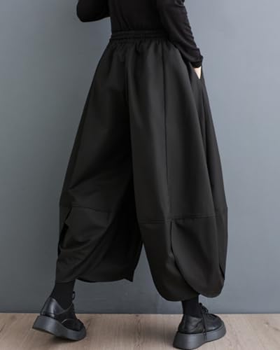 ellazhu Women's Puffy Drawstring Elastic Waist Drop Crotch Hakama Harem Wide Leg Pants GZ81 A2