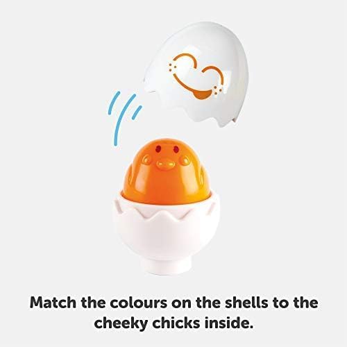 An open eggshell revealing an orange chick, with text indicating to match colors on shells to the cheeky chicks inside.