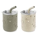 PandaEar 2 Pack Stainless Steel Toddler Cups with Lids & Silicone Sleeves | Spill Proof Sippy Cups with Straw Stopper & Teething-Friendly Straws for Kids & Babies (Beige & Khaki)