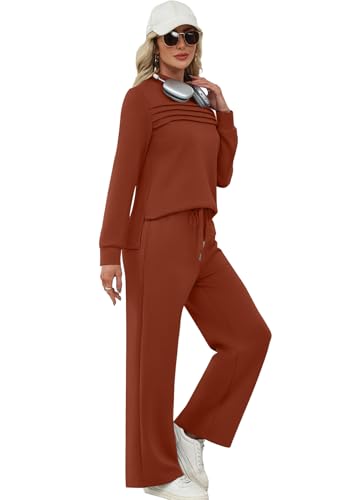 Image of WIHOLL Two Piece Sets for Women Fall Travel Vacation Outfits 2026 Long Sleeve Lounge Sets Side Slit Wide Leg Pants XS-3XL