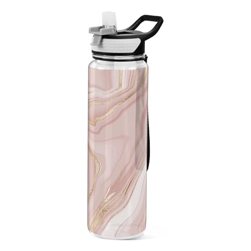 Rose Gold Splash Marble Water Bottle 1L with Straw, Leakproof BPA Free Tritan Drink Bottle, Sport Water Bottle for Men Women Kids