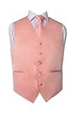 Men's Premium Solid Vest - NeckTie – Bow Tie - Pocket Square 4 Piece Set for Suits & Tuxedos (Peach, Small)