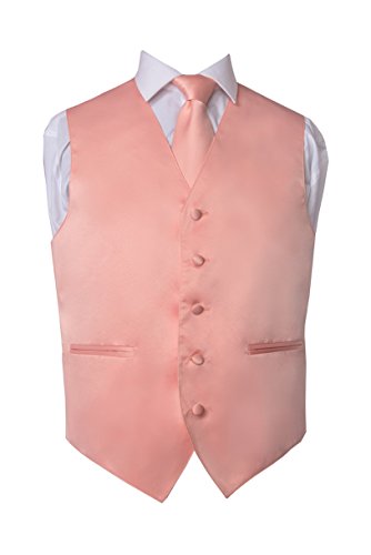 Men's Premium Solid Vest - NeckTie – Bow Tie - Pocket Square 4 Piece Set for Suits & Tuxedos (Peach, 2XL)